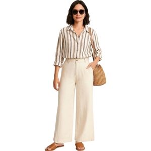 Striped Tunic Blouse Top M Relaxed Beige Brown Button Down Long Sleeve Coastal